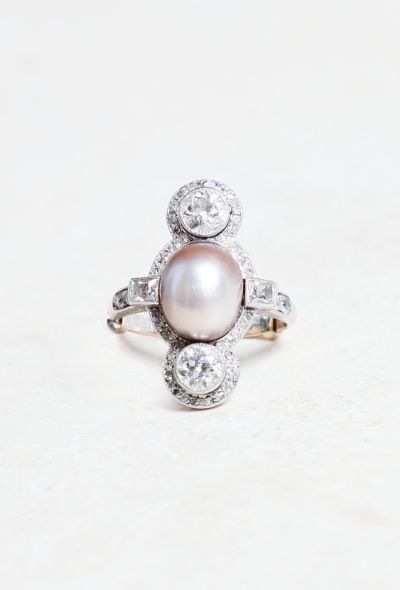 Vintage Fine Jewelry Antique 18k Gold Diamond & Natural Pearl Ring - 2 Vintage Fine Jewelry Antique 18k Gold Diamond & Natural Pearl Ring - 2