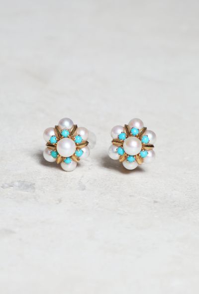Vintage Fine Jewelry 18k Gold, Pearl and Turquoise Clip Earrings - 1 Vintage Fine Jewelry 18k Gold, Pearl and Turquoise Clip Earrings - 1