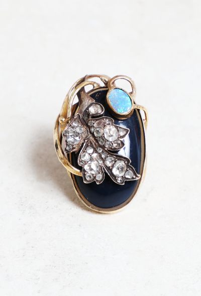 Vintage Fine Jewelry Art Nouveau 18k Gold, Blue Agate, Opal & Diamond Ring - 1