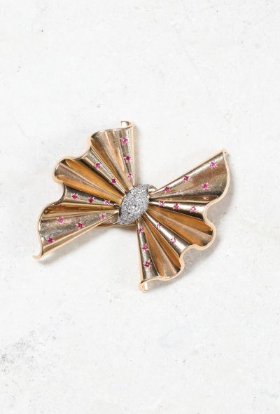 Vintage Fine Jewelry 18k Gold, Diamond and Ruby Bow Brooch - 1 Vintage Fine Jewelry 18k Gold, Diamond and Ruby Bow Brooch - 1