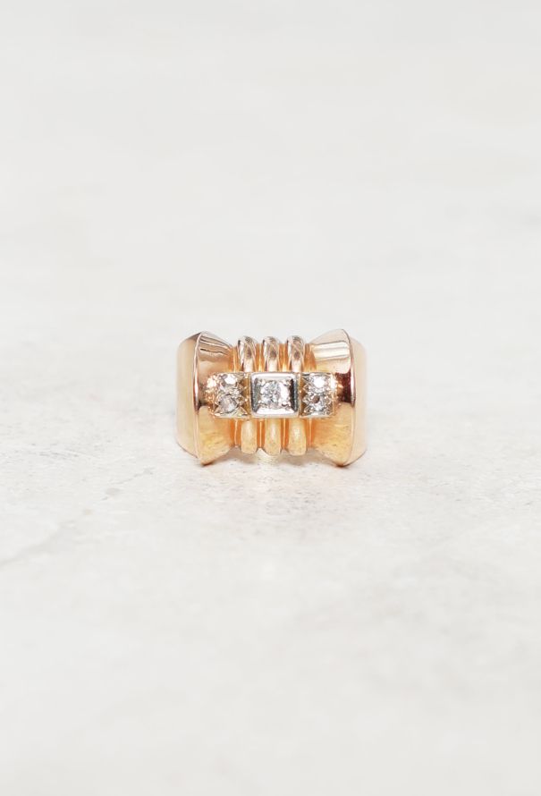 Vintage Fine Jewelry 18k Rose Gold, Platinum & Diamond Tank Ring - 1